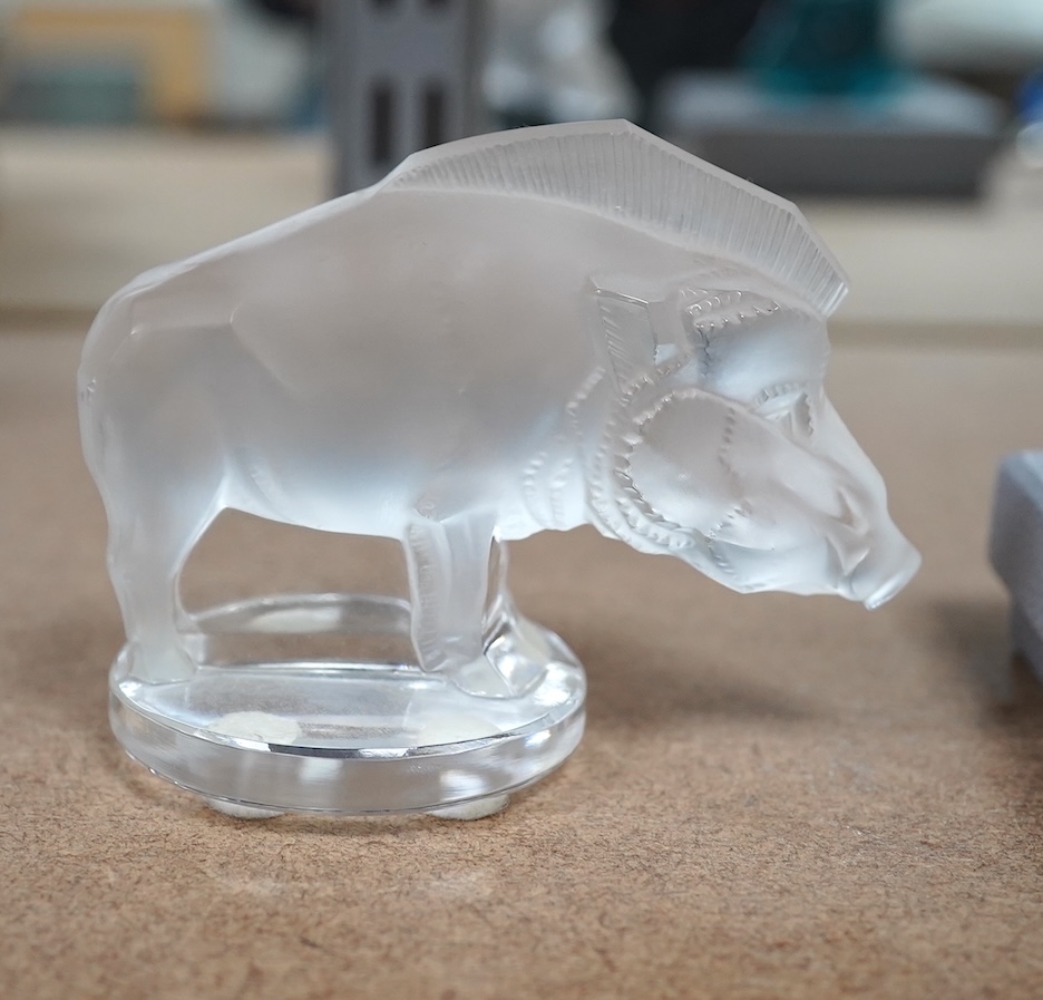 Three pieces of modern Lalique glass in the form of animals, each signed, one with box, 12cm high. Condition - good